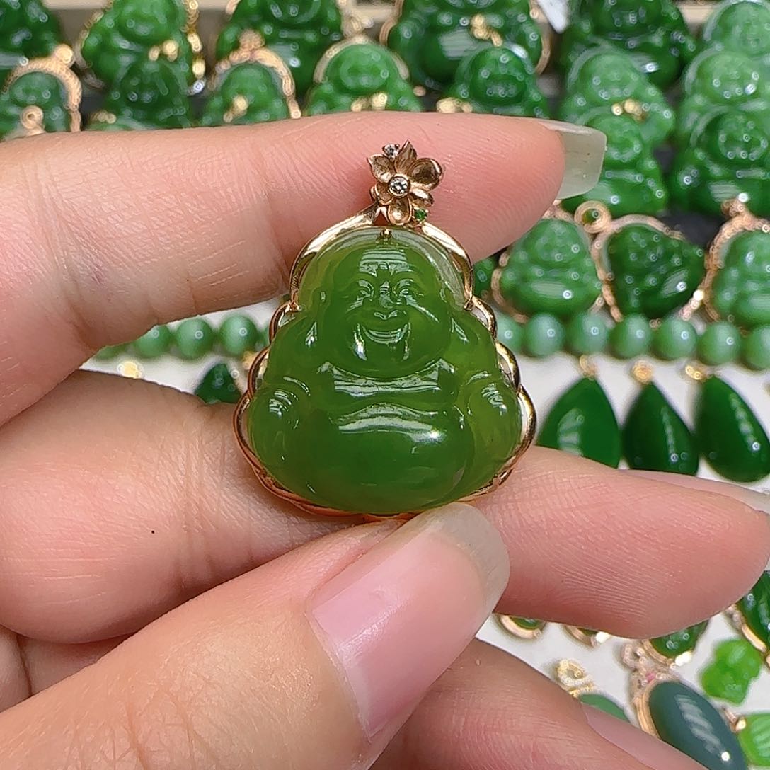 和田玉（碧玉）吊坠(不含链)18K金镶嵌
