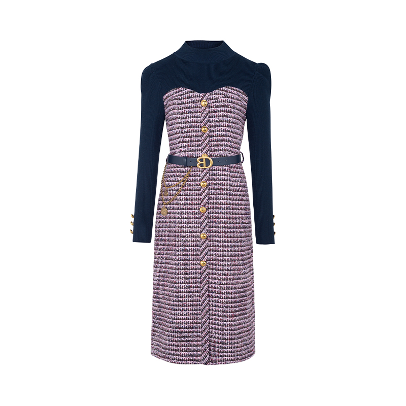 NCM女装2024冬季新款连衣裙气质优雅轻奢撞色拼接连衣裙34073