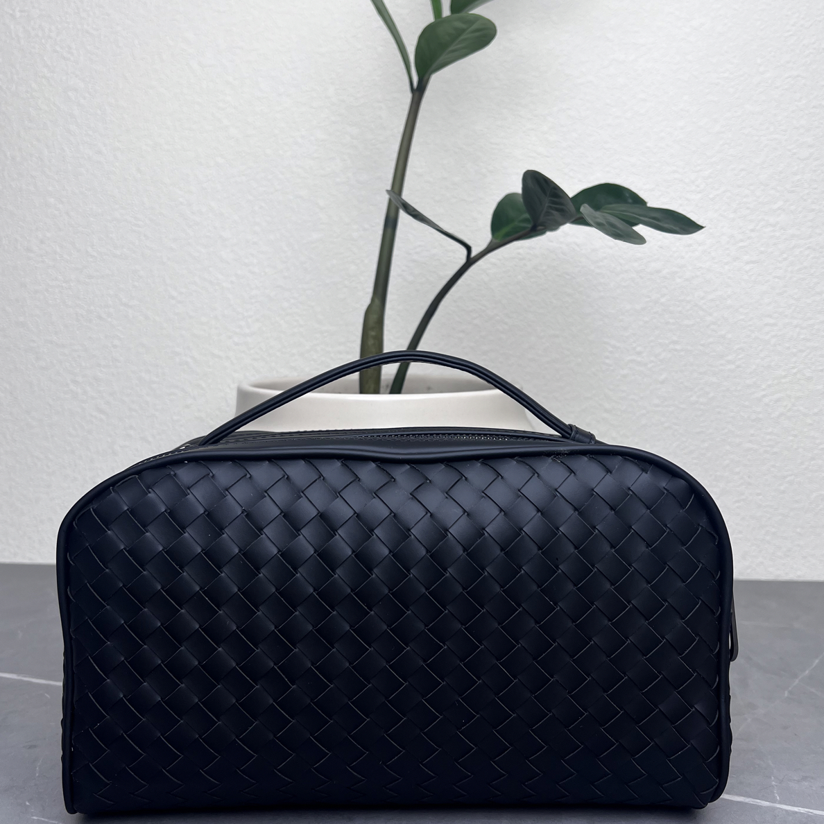 b$v男士手工编织大手提双拉洗漱包便携时尚百搭真皮商务