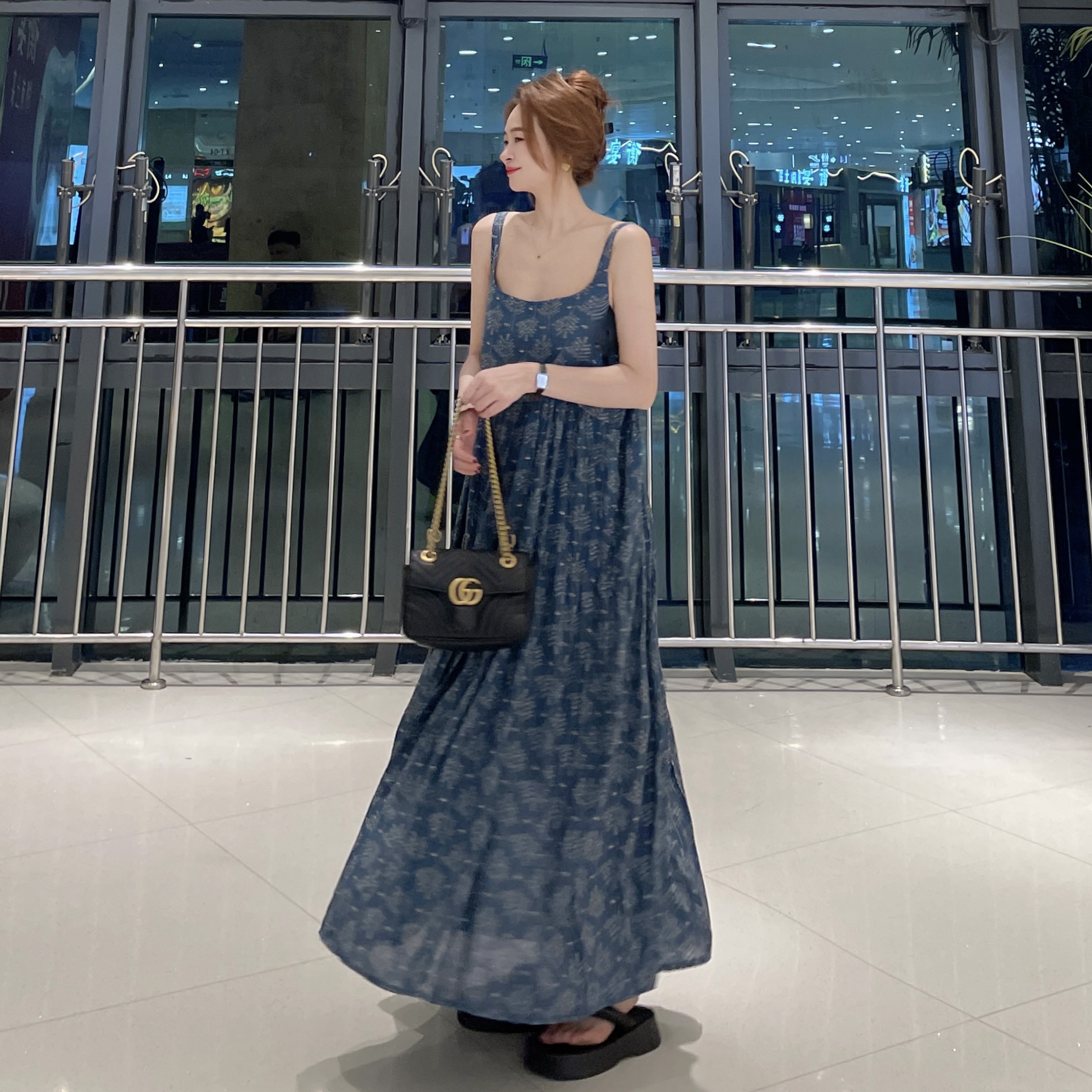 【星空蓝】长款高腰法式复古吊带裙碎花长裙连衣裙印花气质显瘦