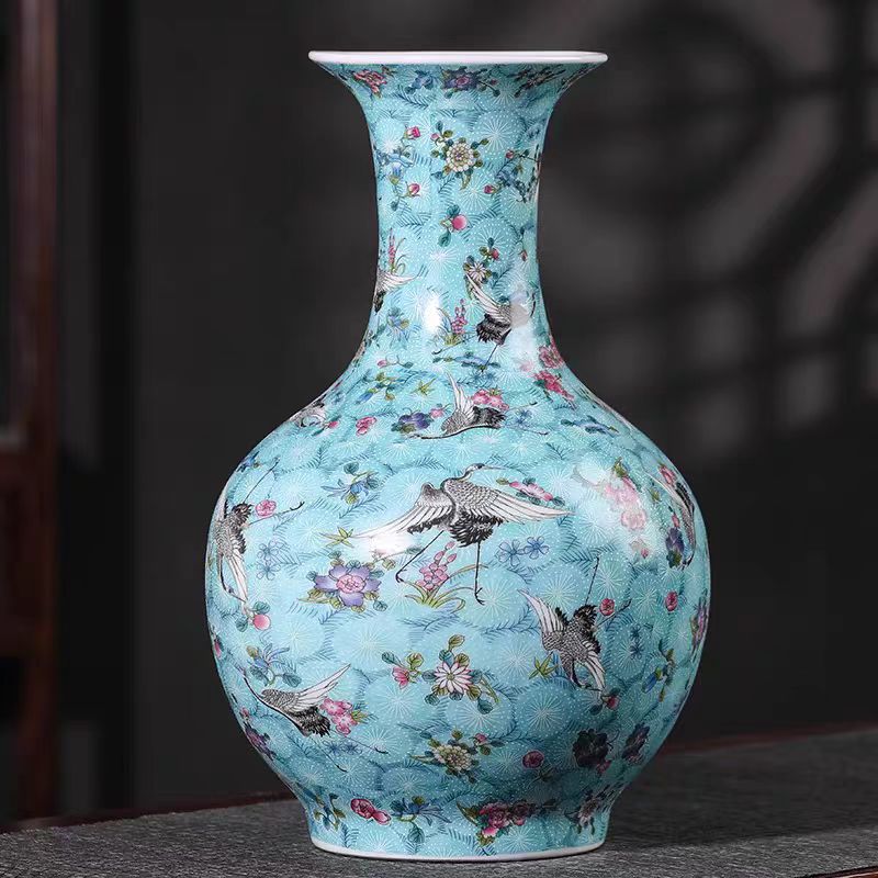 景德镇陶瓷花瓶蓝底珐琅彩仙鹤图赏瓶（大号45cm）