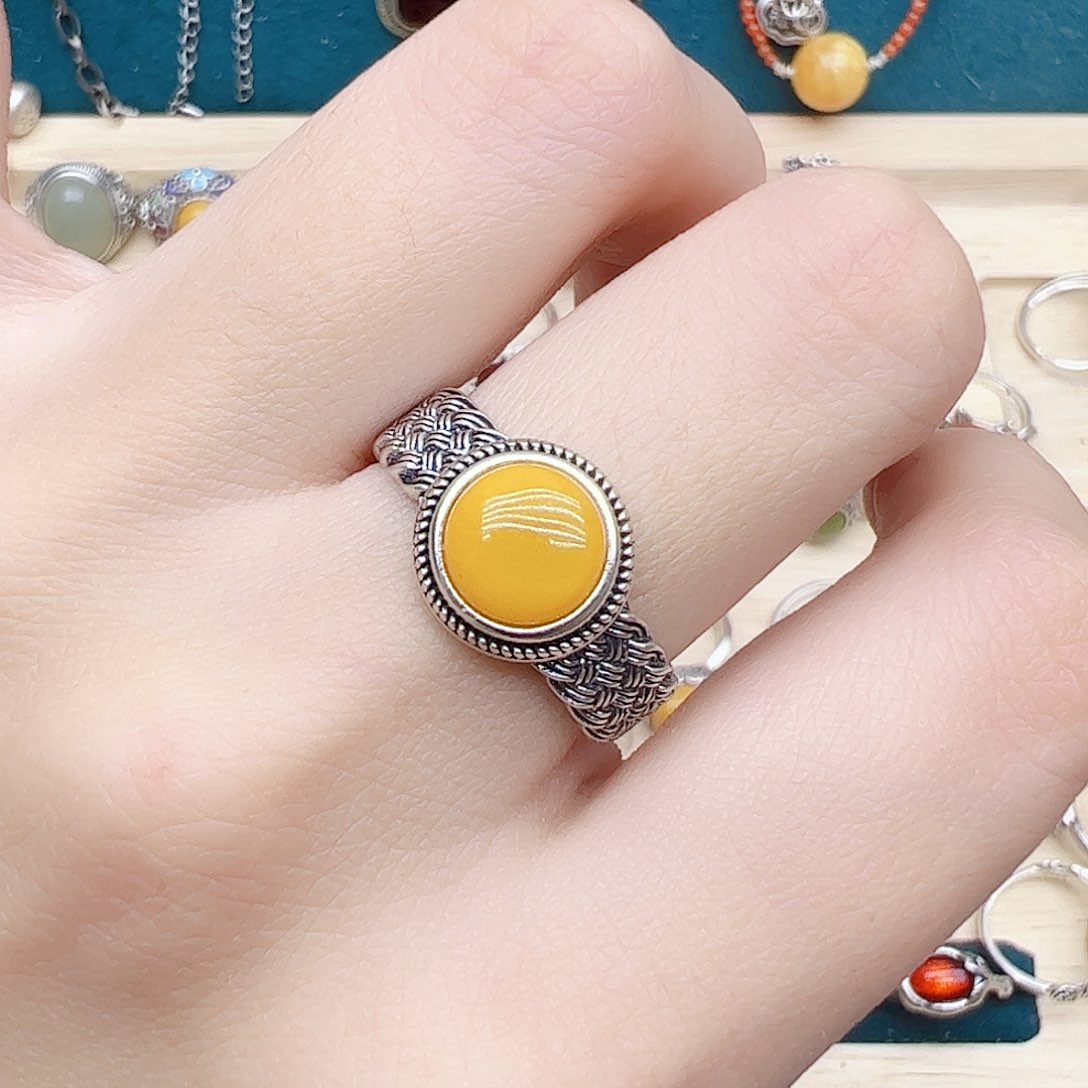 蜜蜡戒指银S925镶嵌，