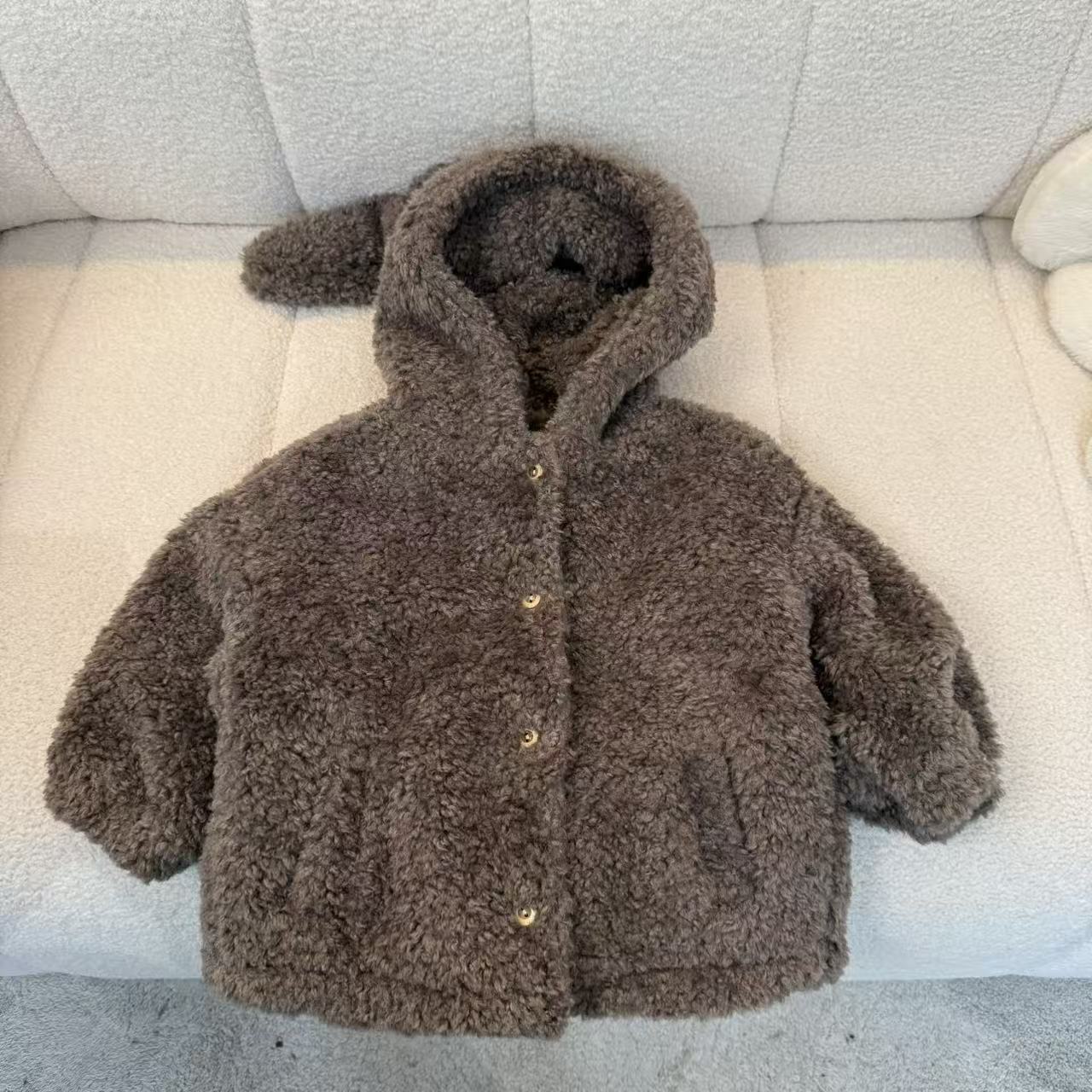 幂姐童装 儿童外套2025冬季新款加绒加厚兔耳朵毛毛衣外套棉服