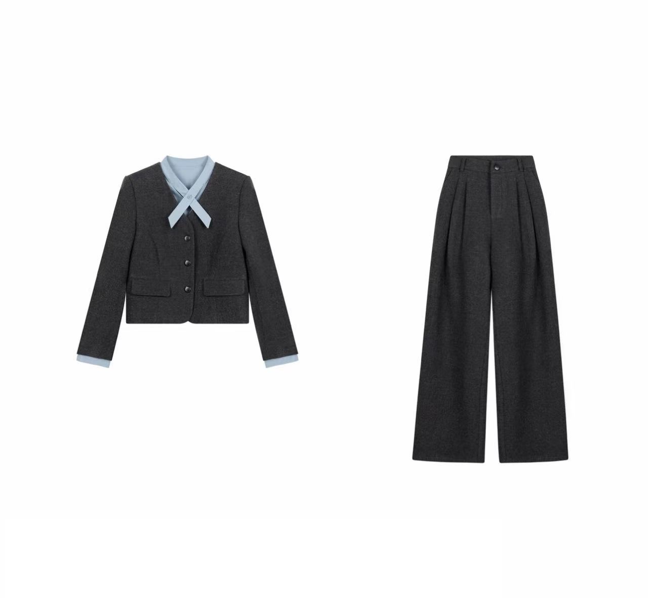 【两件套】2025秋冬季梭织假两件轻奢衬衫西服直筒时尚阔腿裤S61046