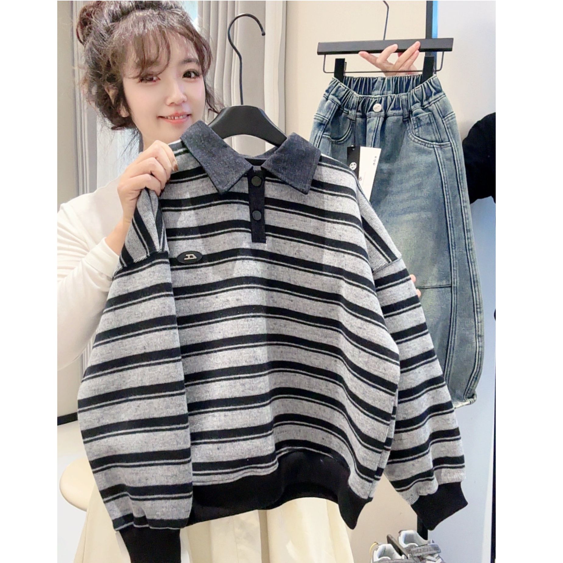 【加绒】儿童秋冬季加绒加厚条纹卫衣2025新款韩版