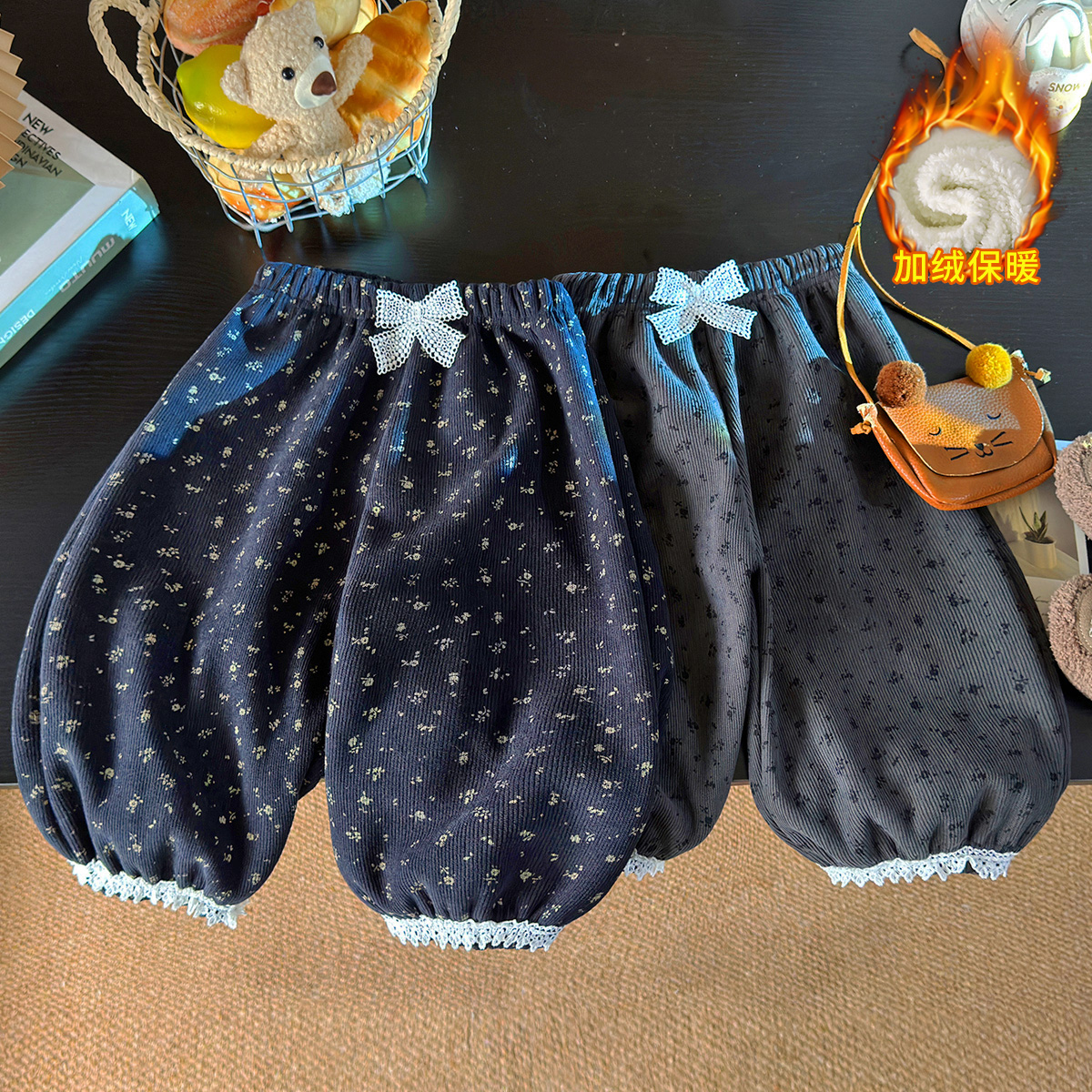 冬季爆款少女风松紧带加绒加厚碎花休闲裤女童灯笼裤