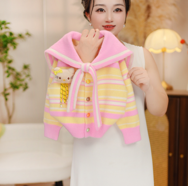 女童洋气儿童新款秋冬时尚针织条条纹开衫毛衣外套