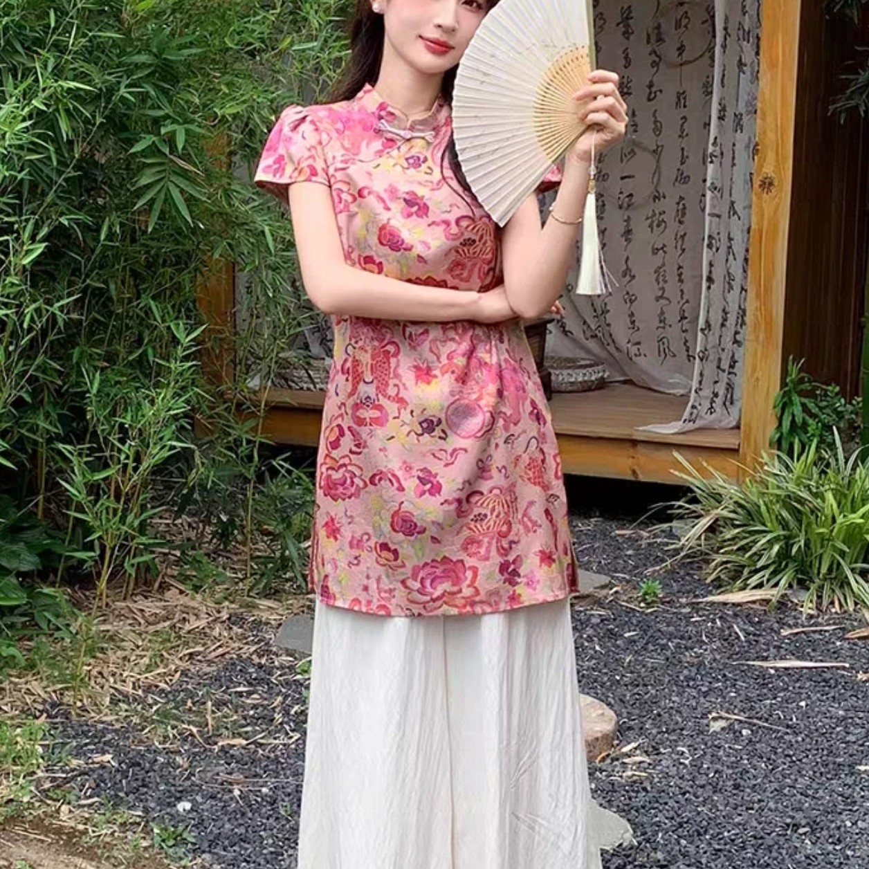 夏季新款新中式国风复古盘扣印花旗袍上衣搭配白色阔腿裤大码套装