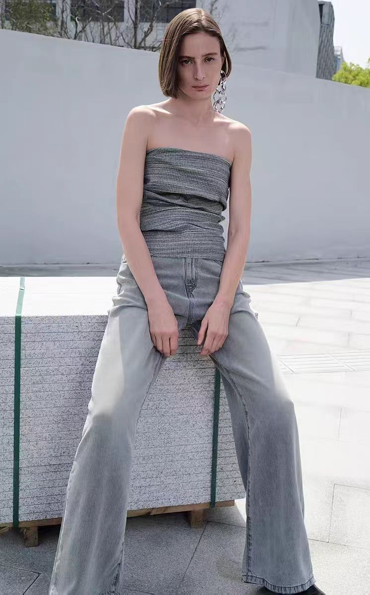 JN牛仔阔腿裤宽松松紧腰遮肉显瘦垂感直筒裤 牛仔裤