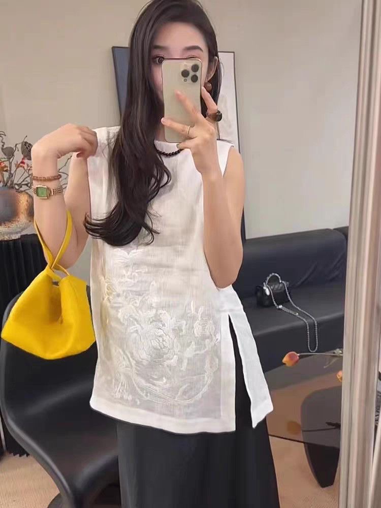 新中式国风白色上衣女夏2025新款高级感复古刺绣无袖背心衬衫