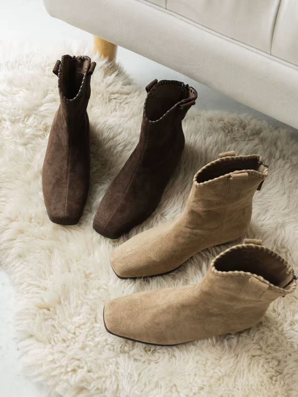 99-061欧洲站绒面方头后拉链温柔气质瘦瘦靴时尚短靴