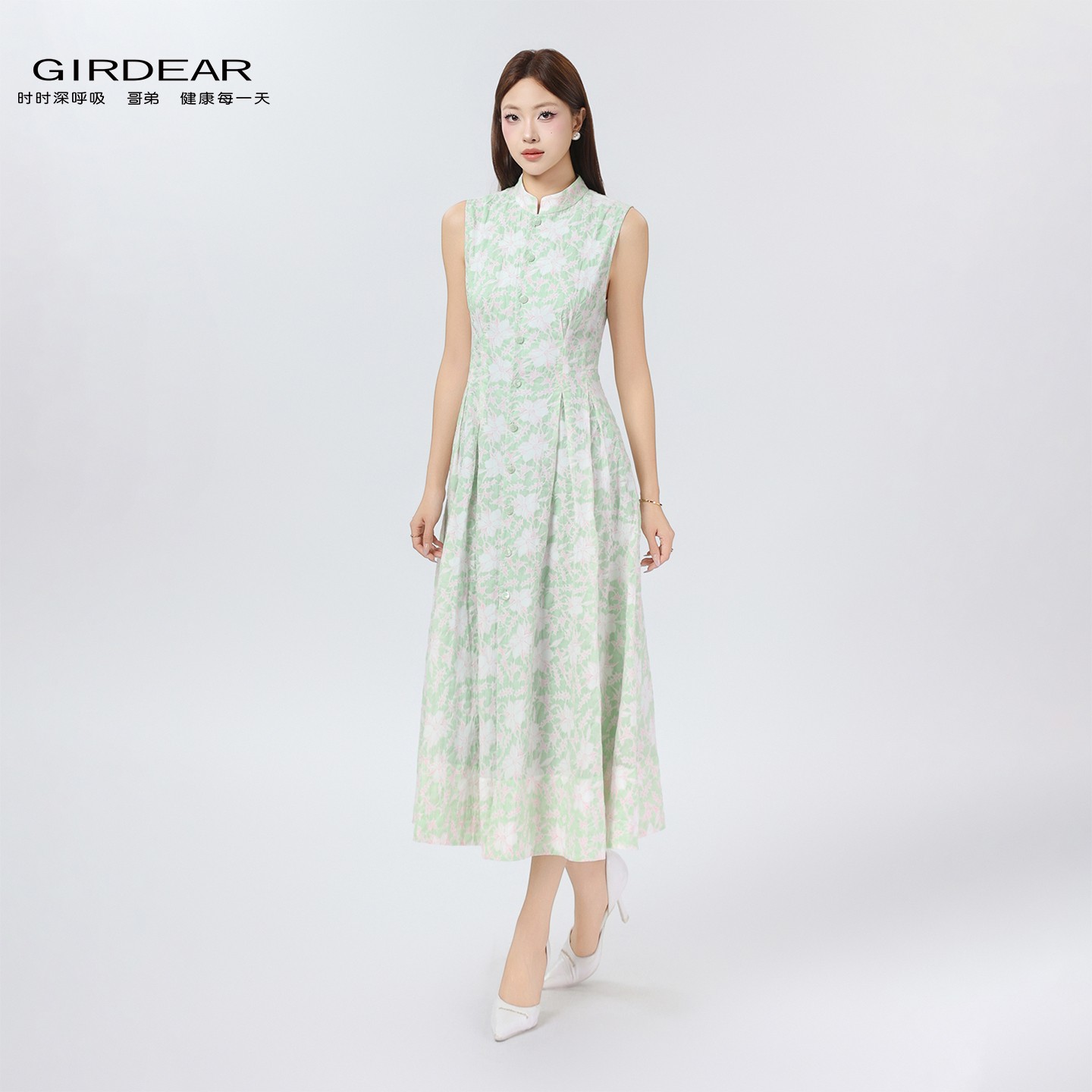 GIRDEAR/哥弟夏季新款洋装新中式气质印花优雅显瘦连衣裙1500535