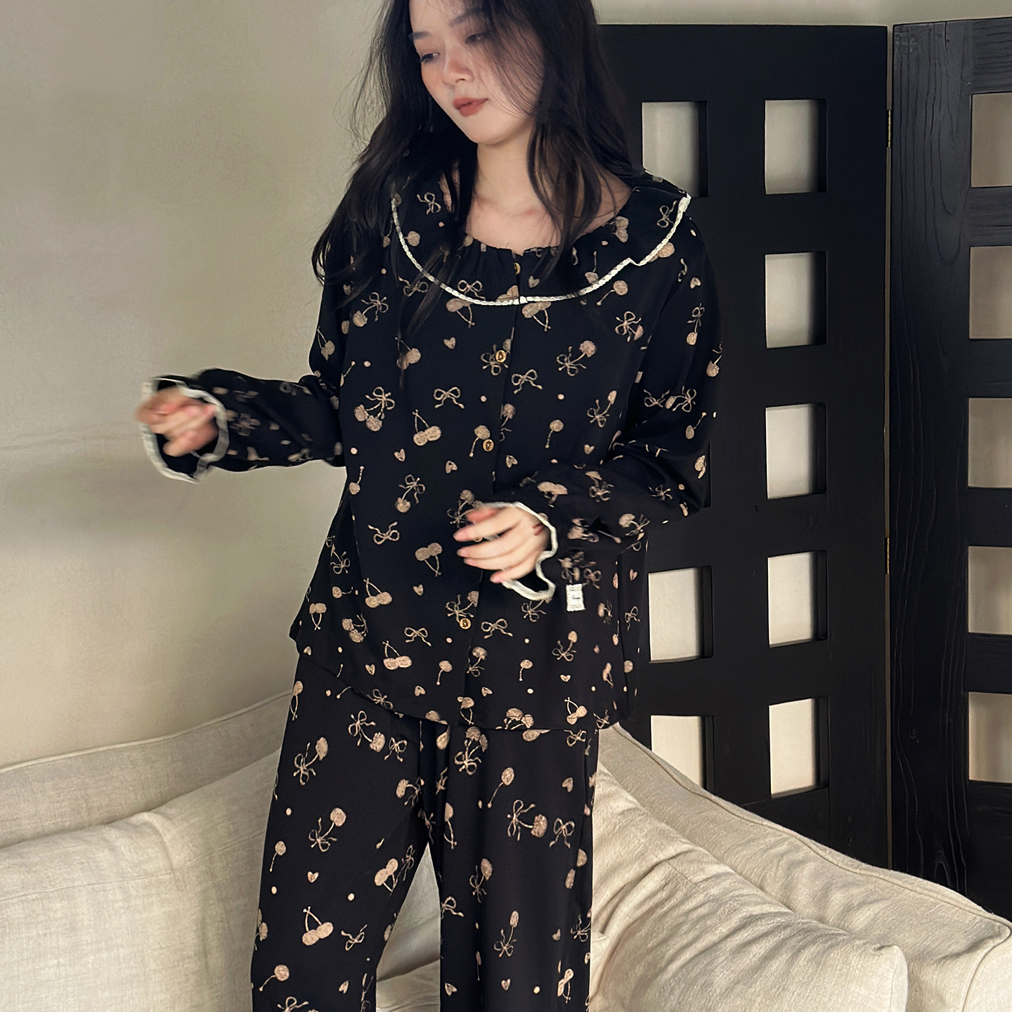 及好新款日系睡衣女春秋款纯棉甜美樱桃长袖开衫家居服秋冬套装