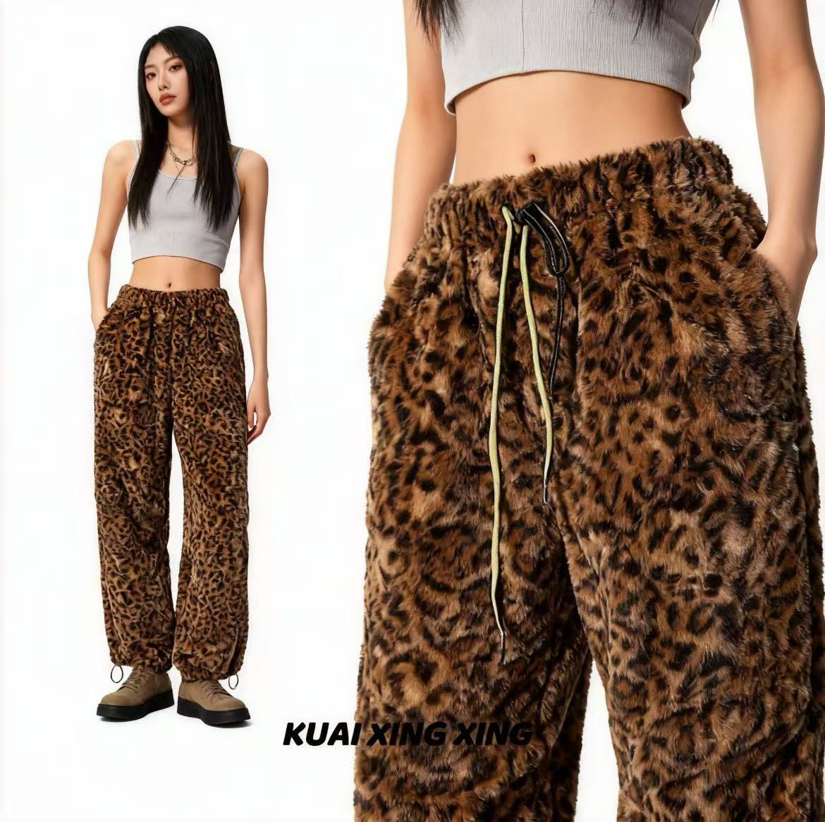 【岚道甄选】美拉德咖色豹纹加绒卫裤男女秋冬美式高街羊羔绒裤子