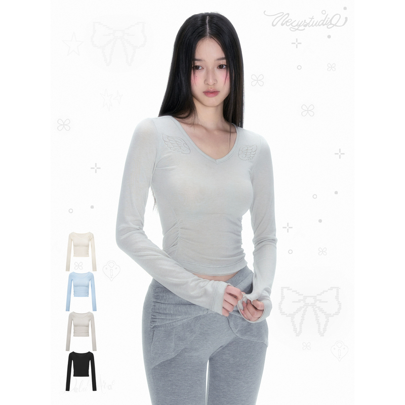 NECY 【漫画身材】原创翅膀刺绣v领长袖美丽诺羊毛内搭显瘦