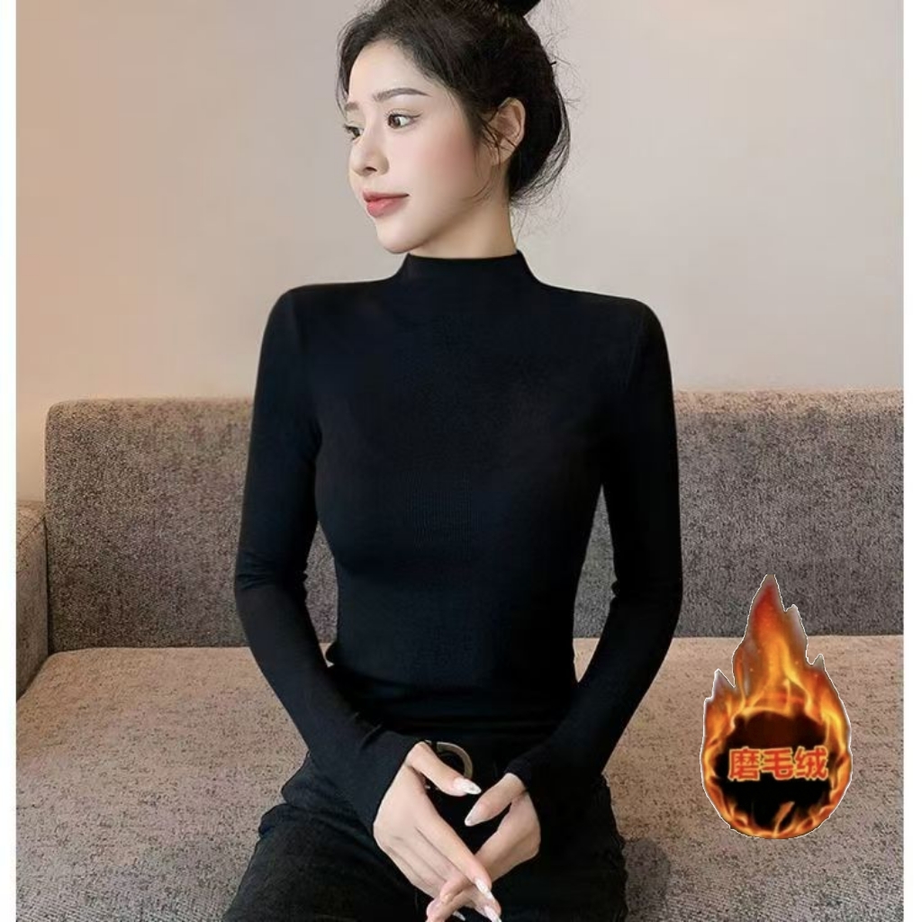 加厚磨毛薄绒打底衫女2025秋冬季半高领螺纹保暖内搭长袖t恤上衣