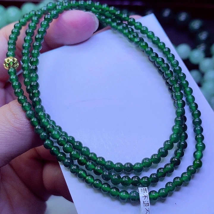 正品天然翡翠A货 老坑冰菠菜绿小米珠项链卡3mm