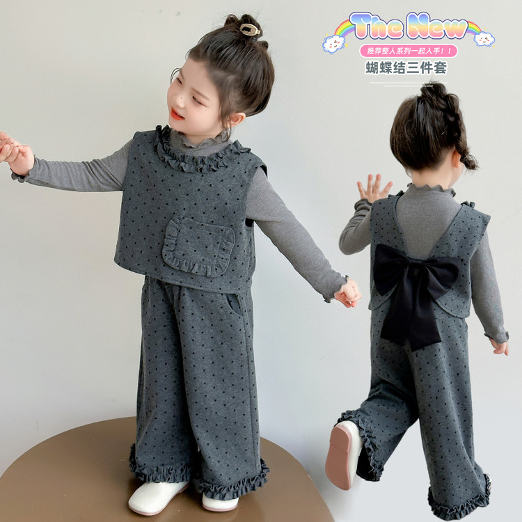 套头波点女春秋公主风休闲风套装长袖休闲牛仔小童
