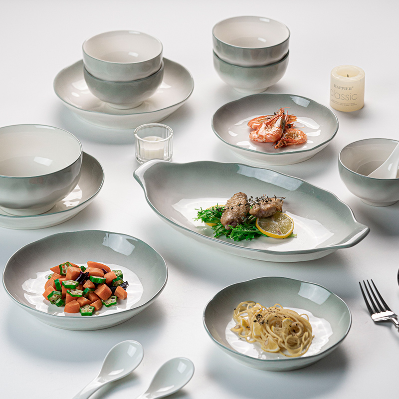 爱与和平【烟雨江南60件12人用餐配置】景德镇陶瓷家用碗盘餐具套装