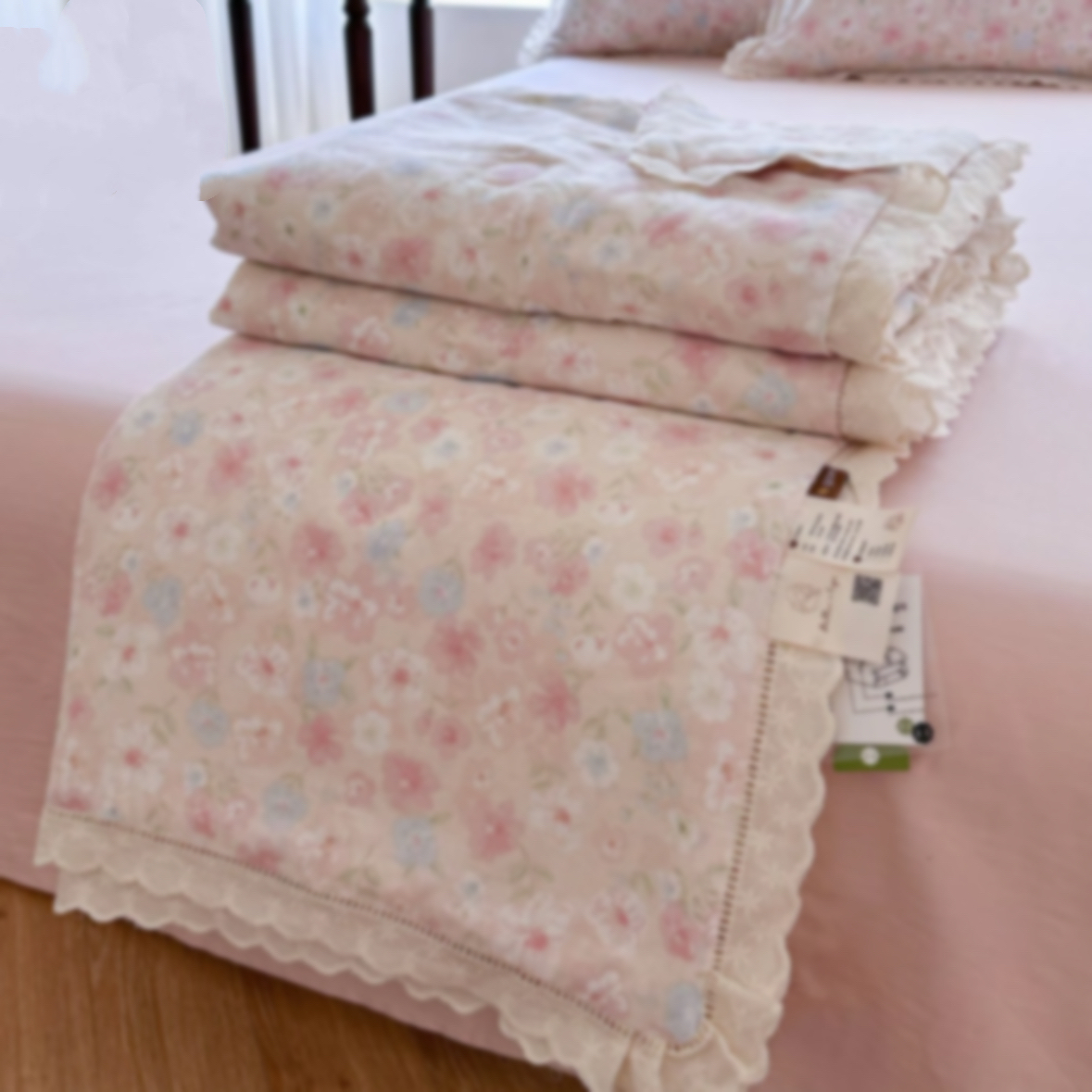 【蜜桃四季春夏凉被花边四件套】200*230四季柔软双层纱夏凉四件套