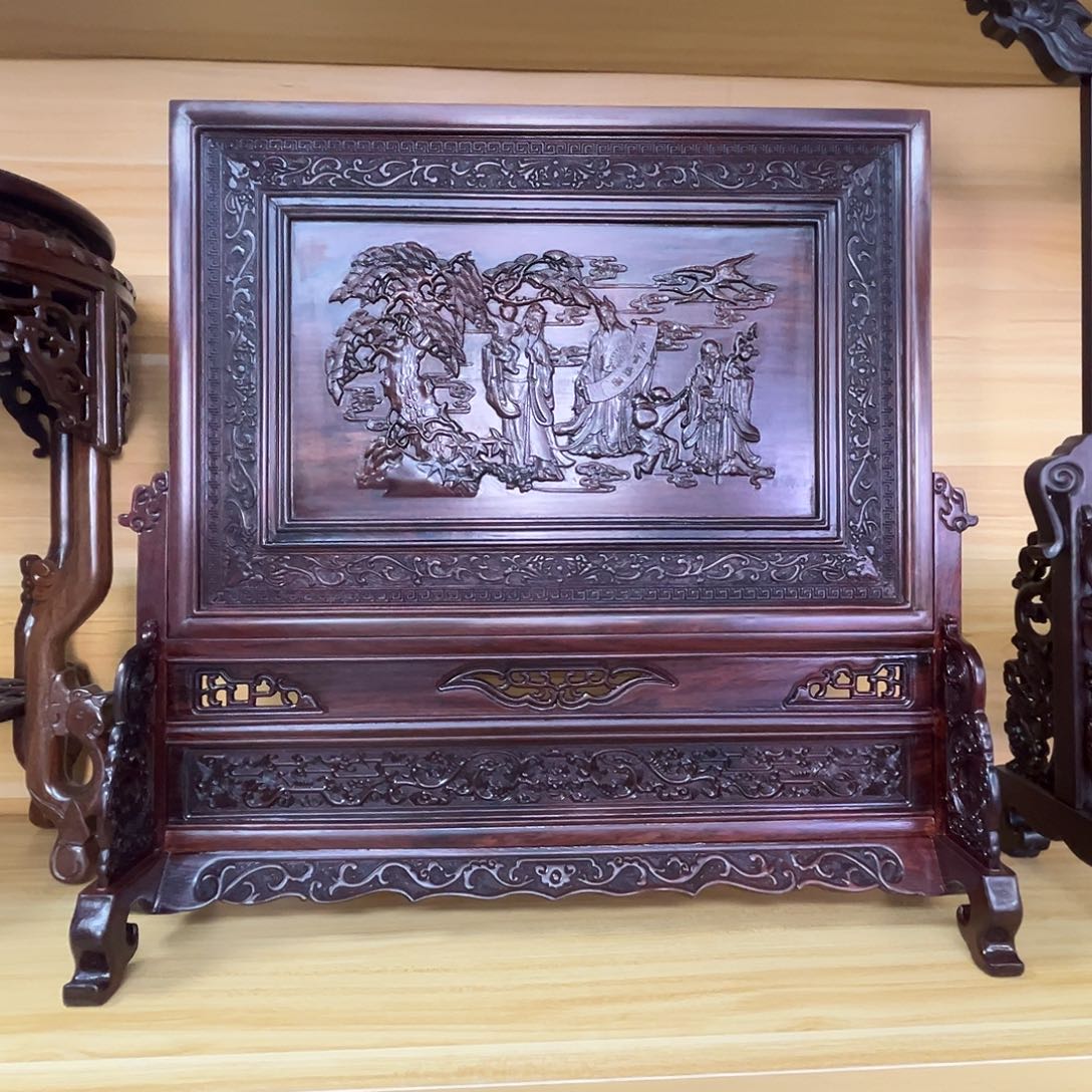 交趾黄檀（大红酸枝）屏风摆件41/41/12厘米榫卯结构