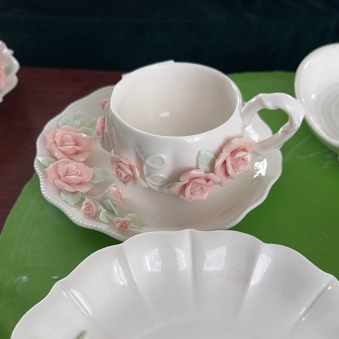 手工捏花玫瑰花咖啡杯碟一套