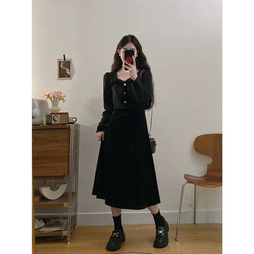 20809（303）秋冬新款胖mm大码女法式高级感拼接修身显瘦丝绒连衣裙