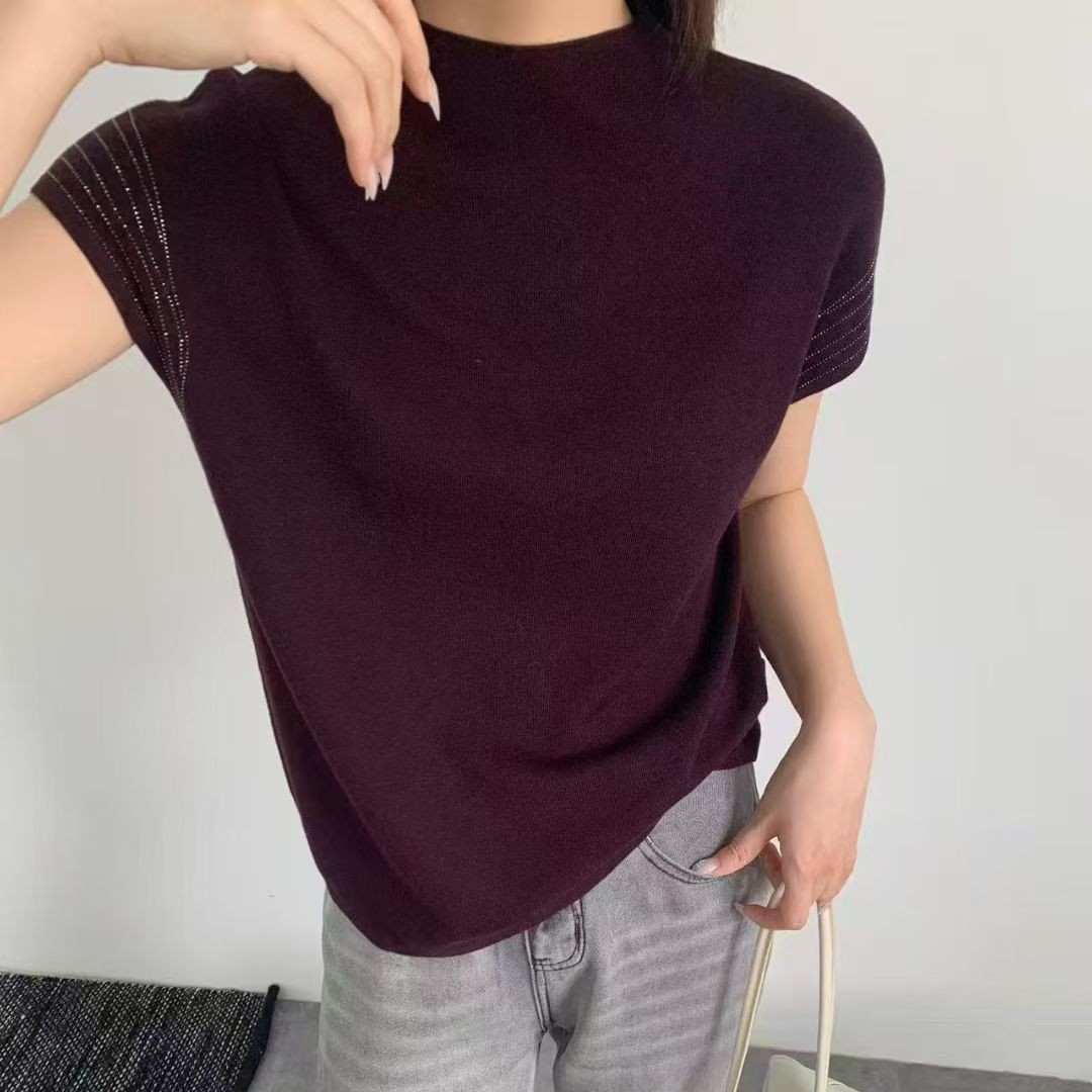 落肩袖秋季针织立领短袖毛针织衫上衣打底衫度假风