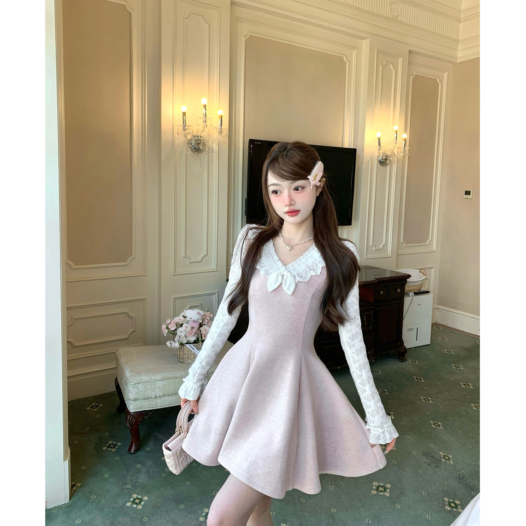 【蹦蹦】大码女装粉色甜美蕾丝针织连衣裙