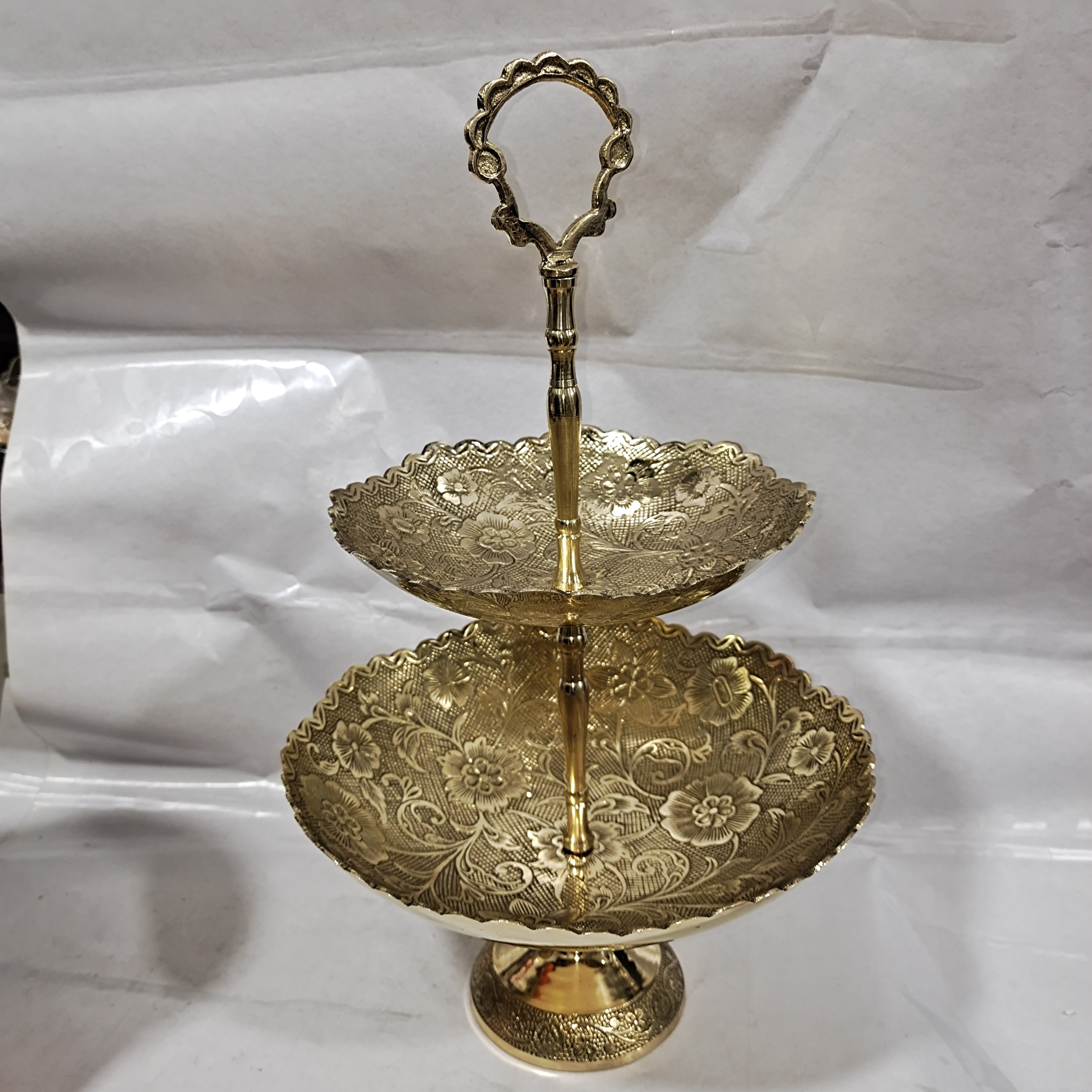 加厚纯铜手工二层镂空果盘巴基斯坦进口家用轻奢果盘