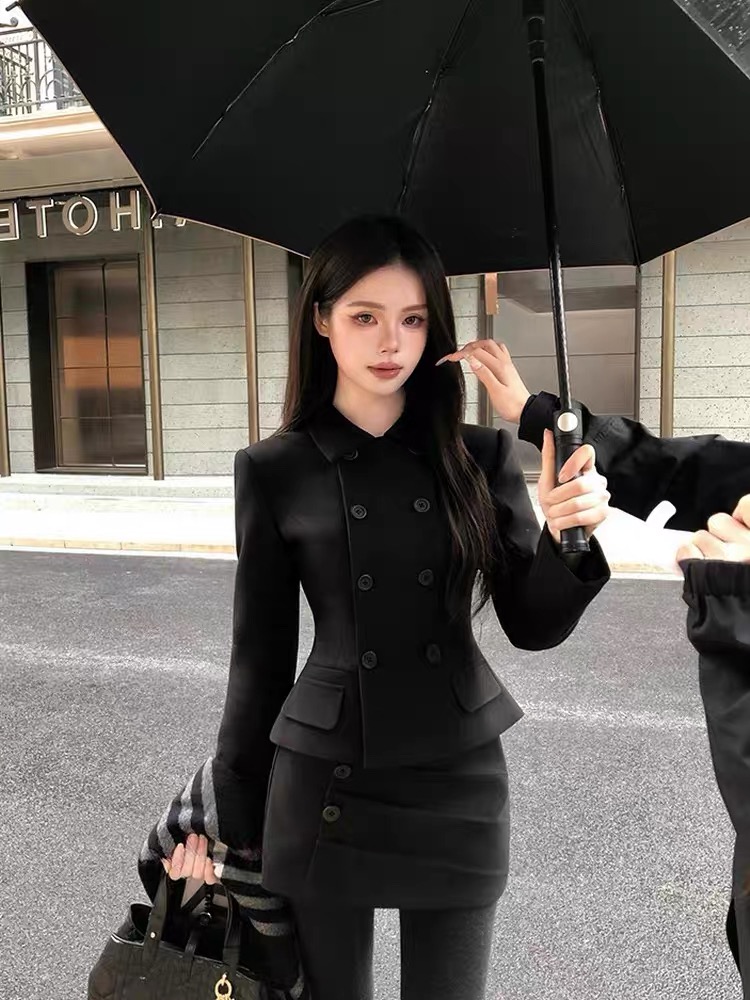 黑色双排扣毛呢西装短外套女高级感气质显瘦短裙大衣两件套装冬季