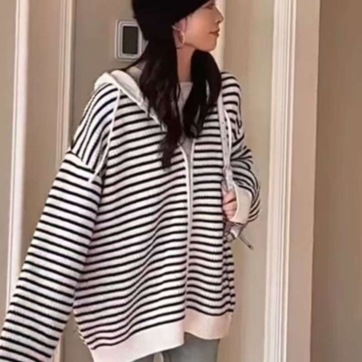秋季条纹宽松连帽针织上衣长袖毛针织衫女
