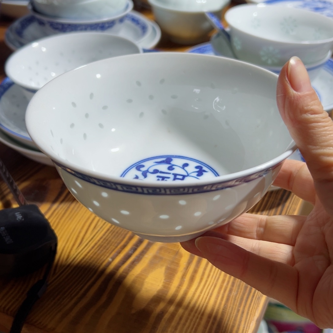 碗青花玲珑6寸高脚福字面碗2个