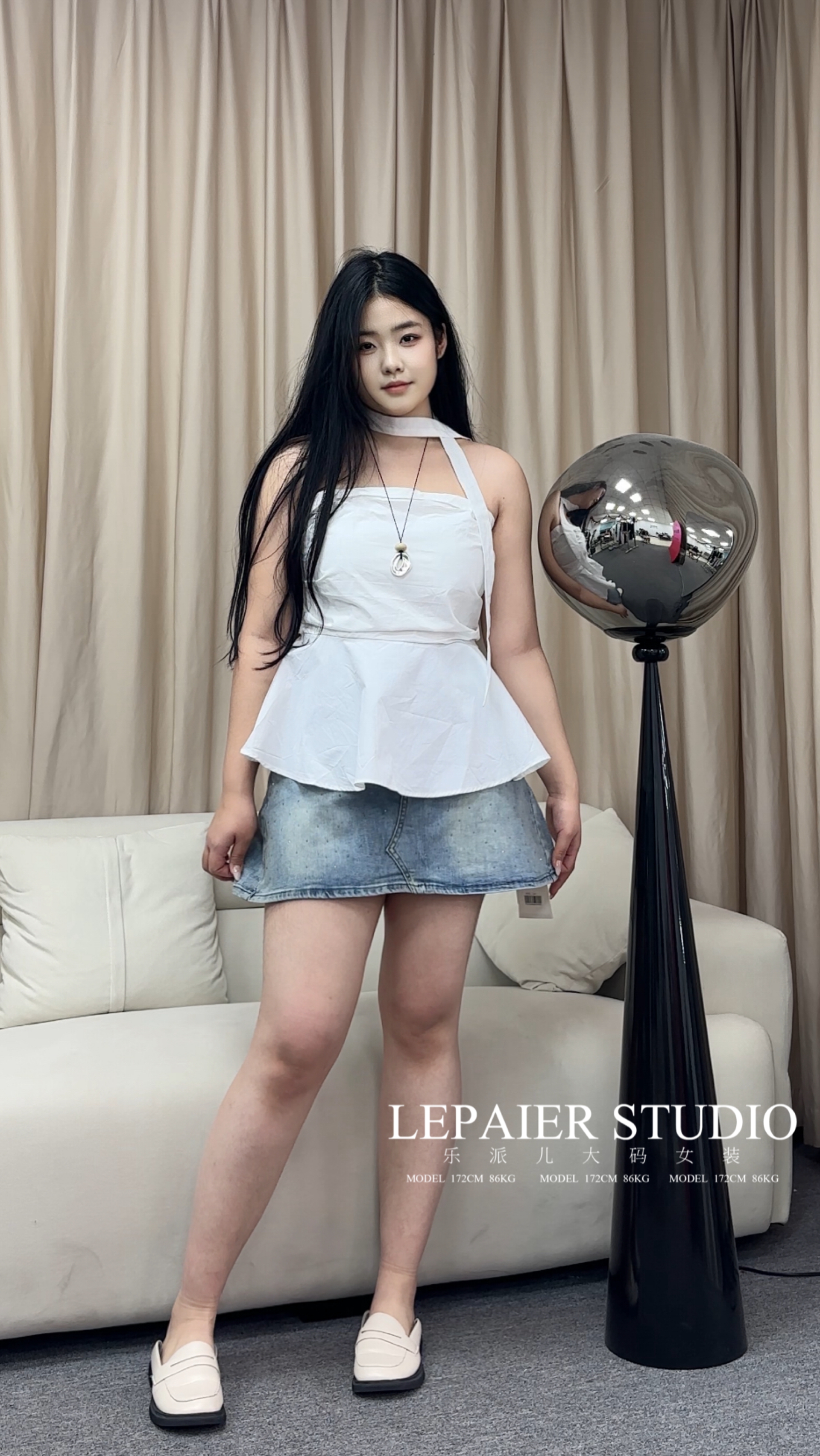 褶皱不规则露肩修身显瘦牛仔短裙12040501