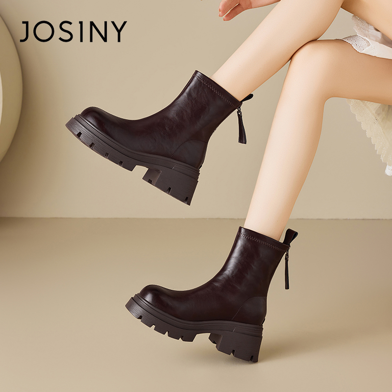 卓诗尼棕色厚底显高时装靴女2025秋冬新款瘦瘦靴时尚马丁靴短靴女