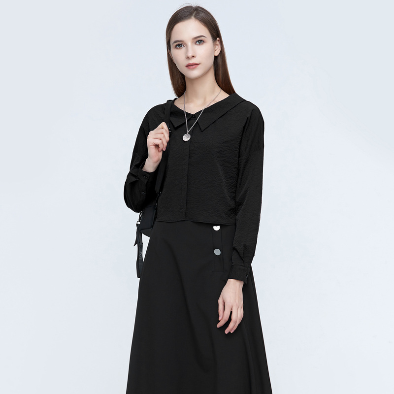 圣迪奥女装休闲时尚百搭显瘦翻领暗门襟落肩袖短款衬衫S21180529