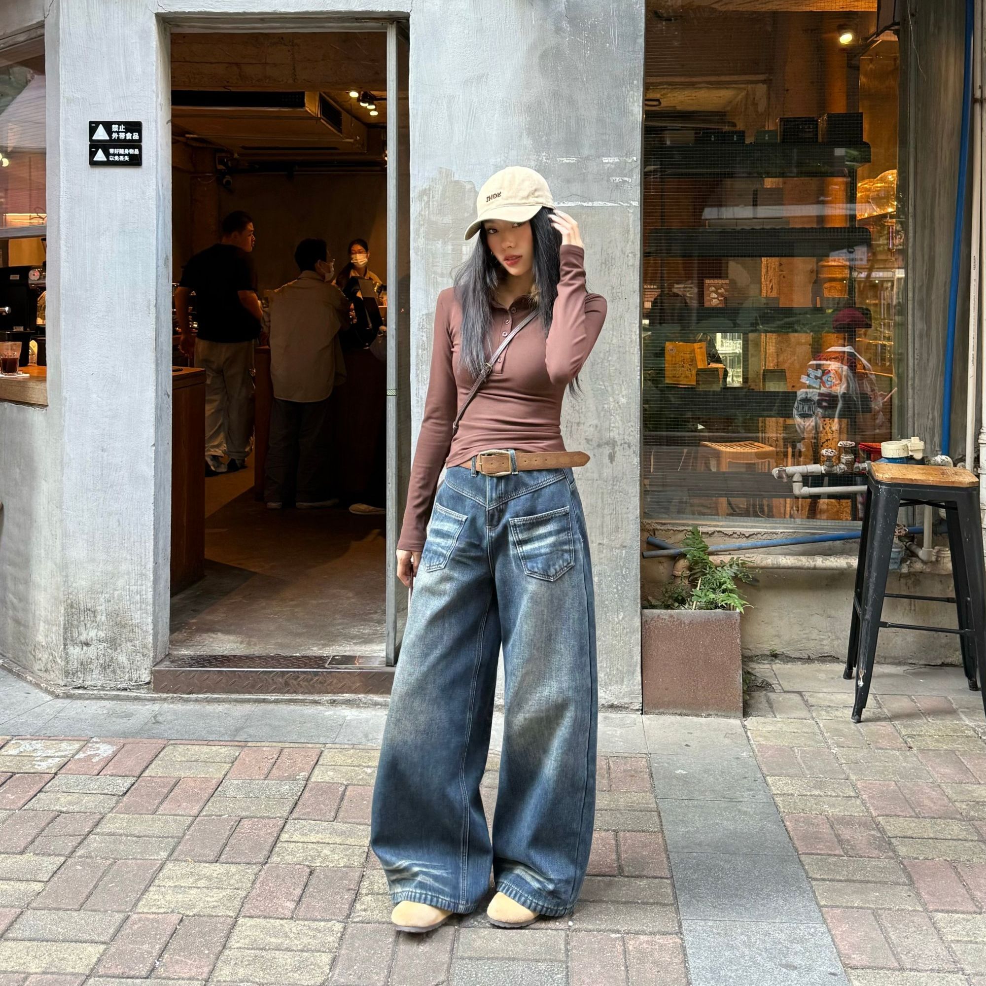 唐火火【云漫深蓝】冬季加绒美式复古水洗牛仔感宽松显瘦弯刀阔腿裤