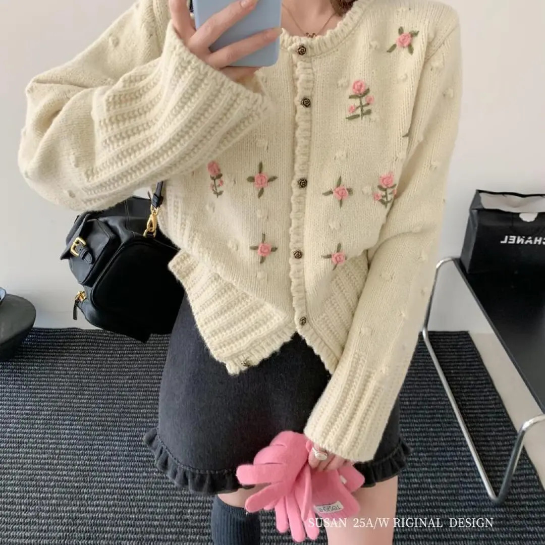 韩系重工手工勾花温柔加厚保暖毛衣女别致高级设计感外套潮*916