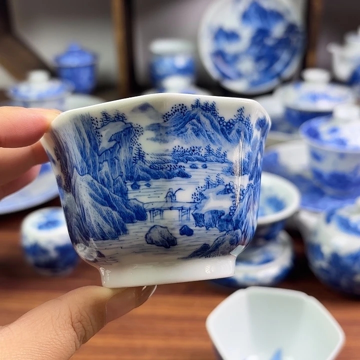 青花山水主人杯喝茶手绘白瓷品茗杯茶具陶瓷茶杯八方杯
