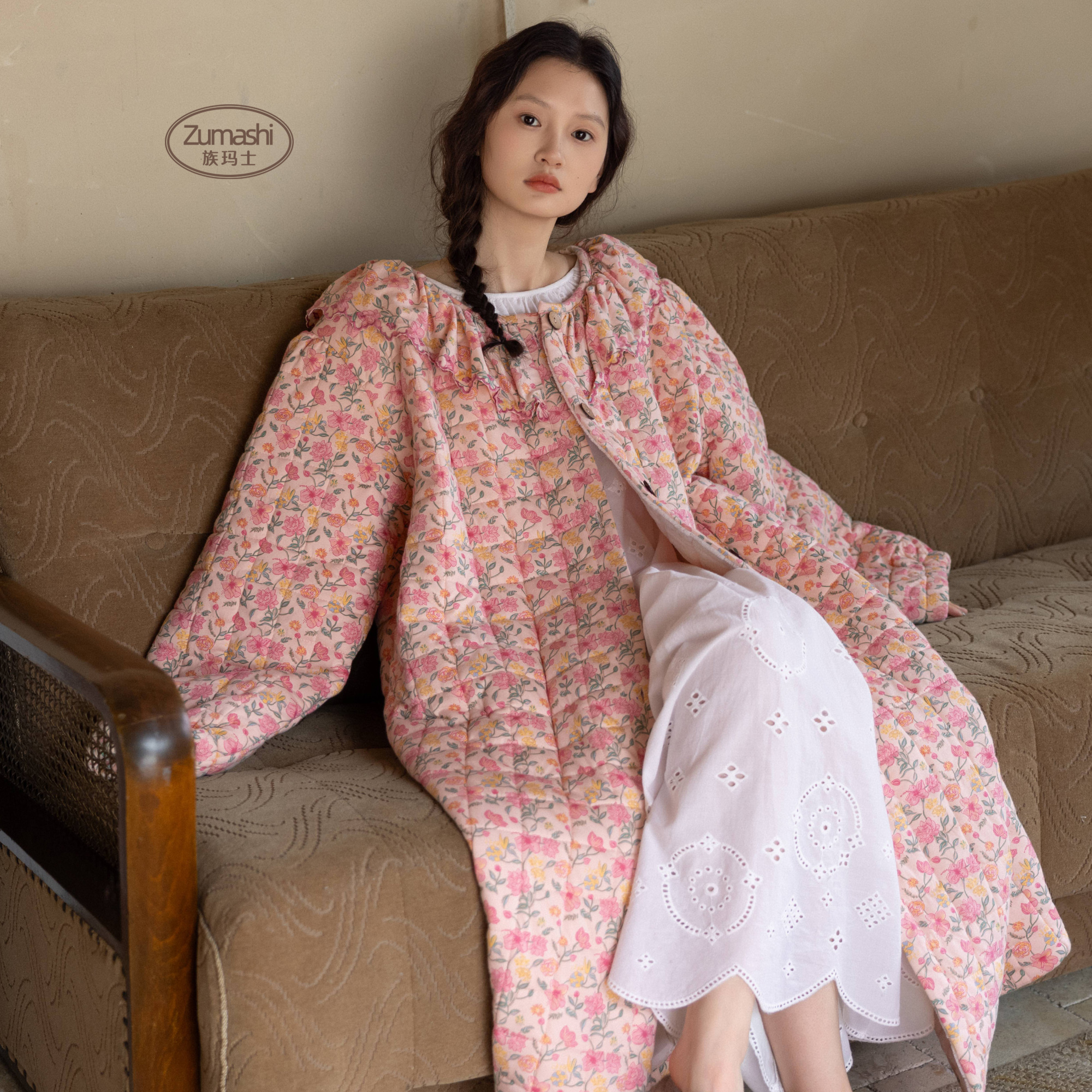 族玛士睡袍女表层纯棉碎花秋冬季长款加厚加绒保暖大码家居服睡衣