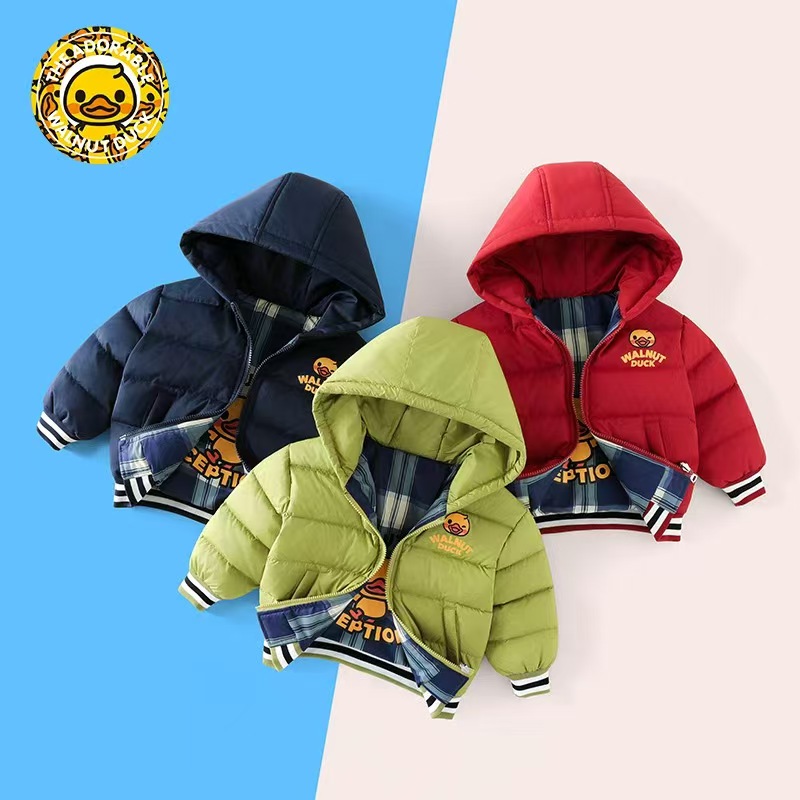 【粉丝专属】小黄鸭冬季舒适保暖双面两穿格子连帽羽绒服HTA52