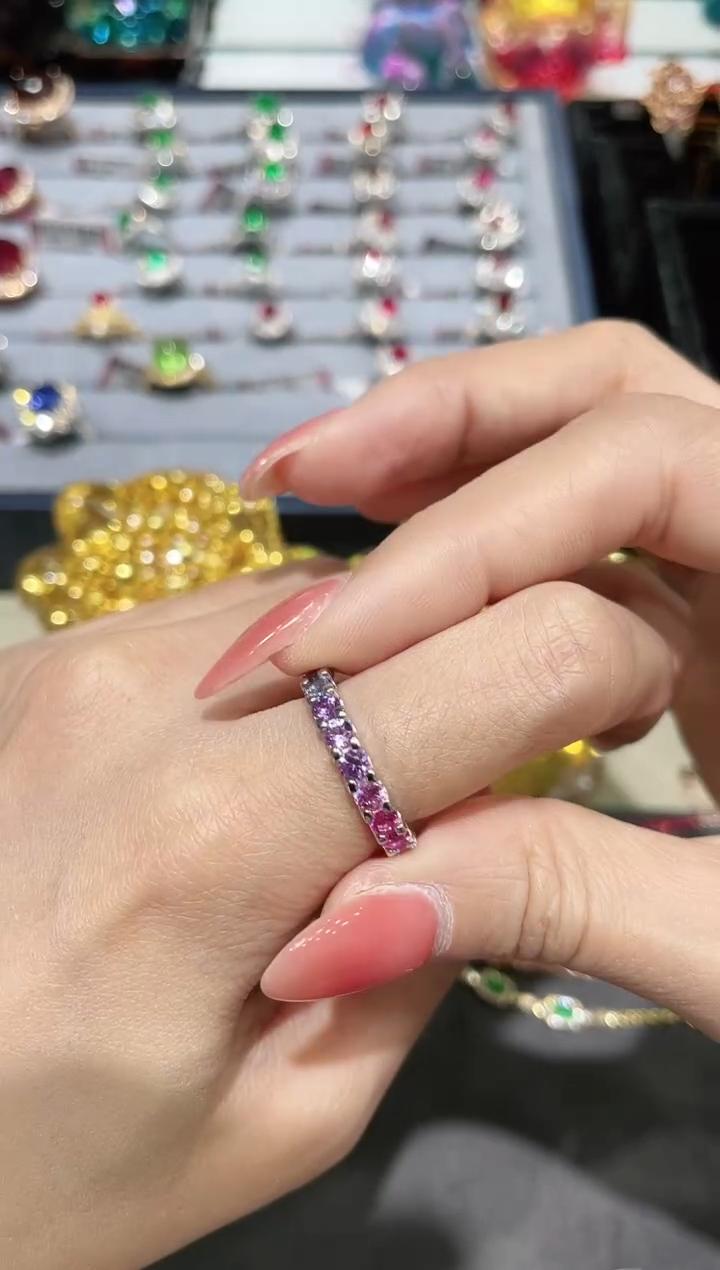 培育蓝宝石培育蓝宝石S925银镶嵌培育/合成彩色蓝宝石戒指满圈款