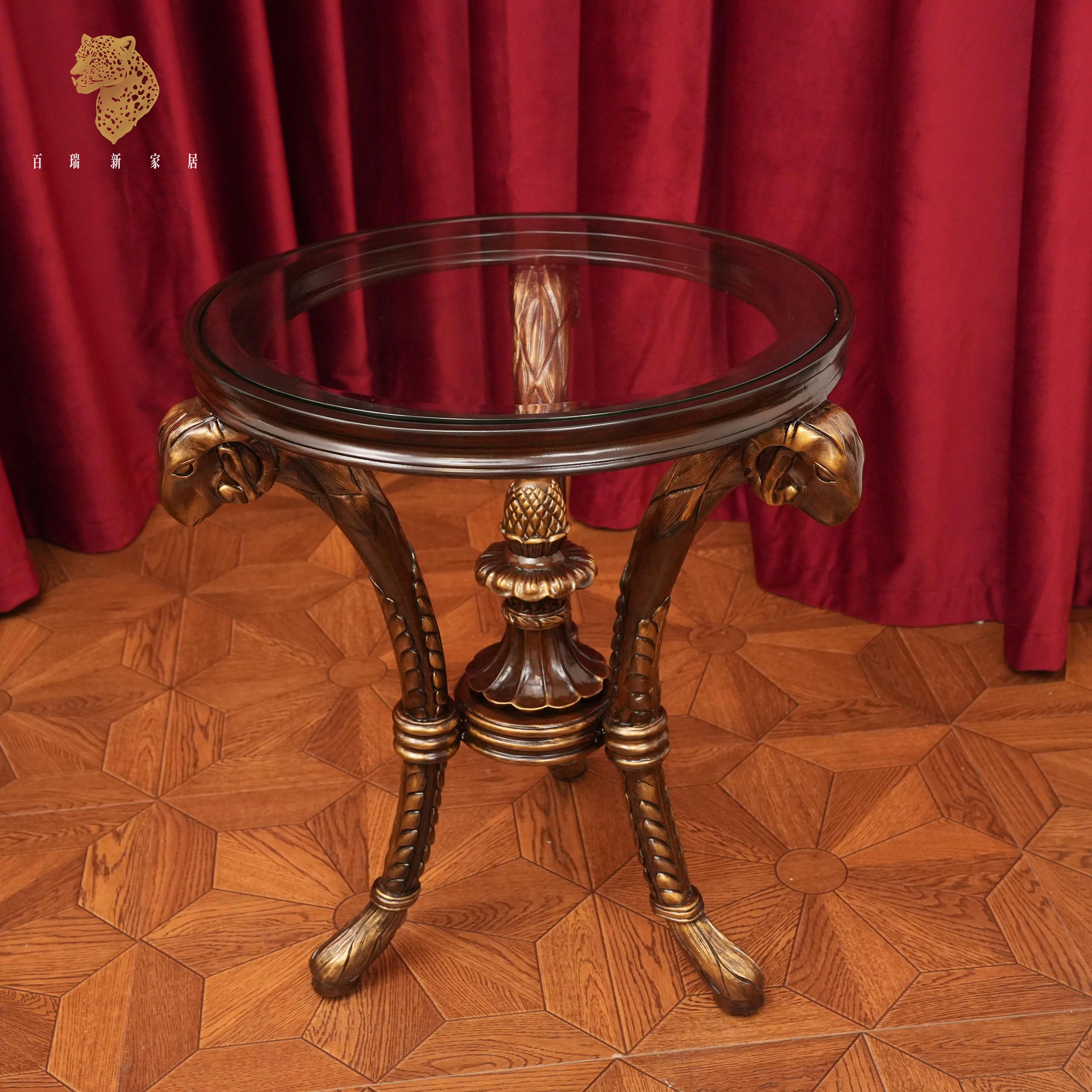 百瑞新复古实木玻璃茶几客厅餐桌玄关圆桌阳台角几BRX1452-66