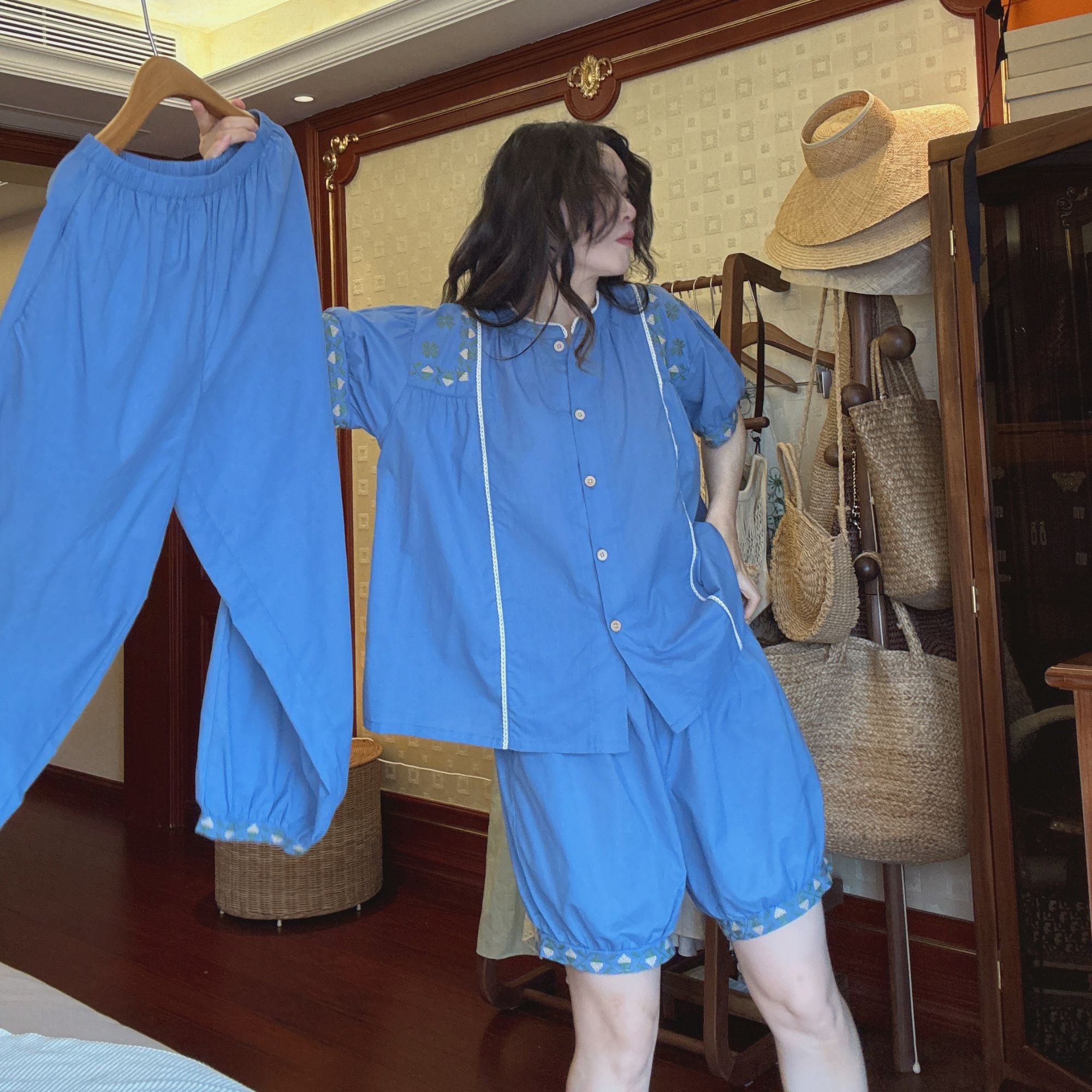 夏季纯棉全棉睡衣女套装短袖短裤长裤蓝色甜美宽松刺绣复古家居服