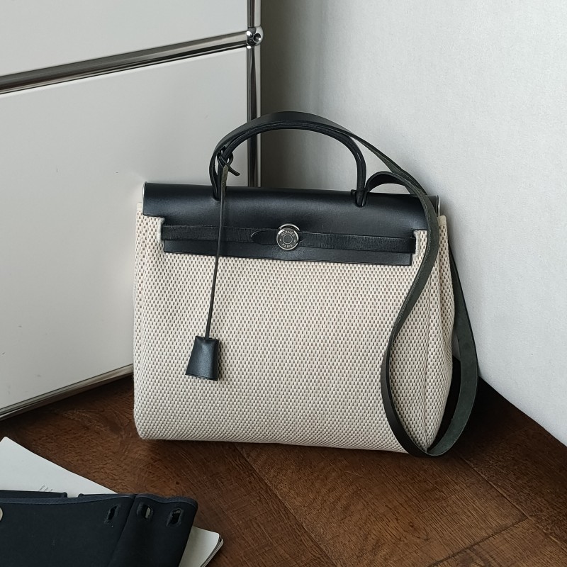 95新 Hermes/爱马仕 中古黑白熊猫色银扣herbag31手提单肩包52781