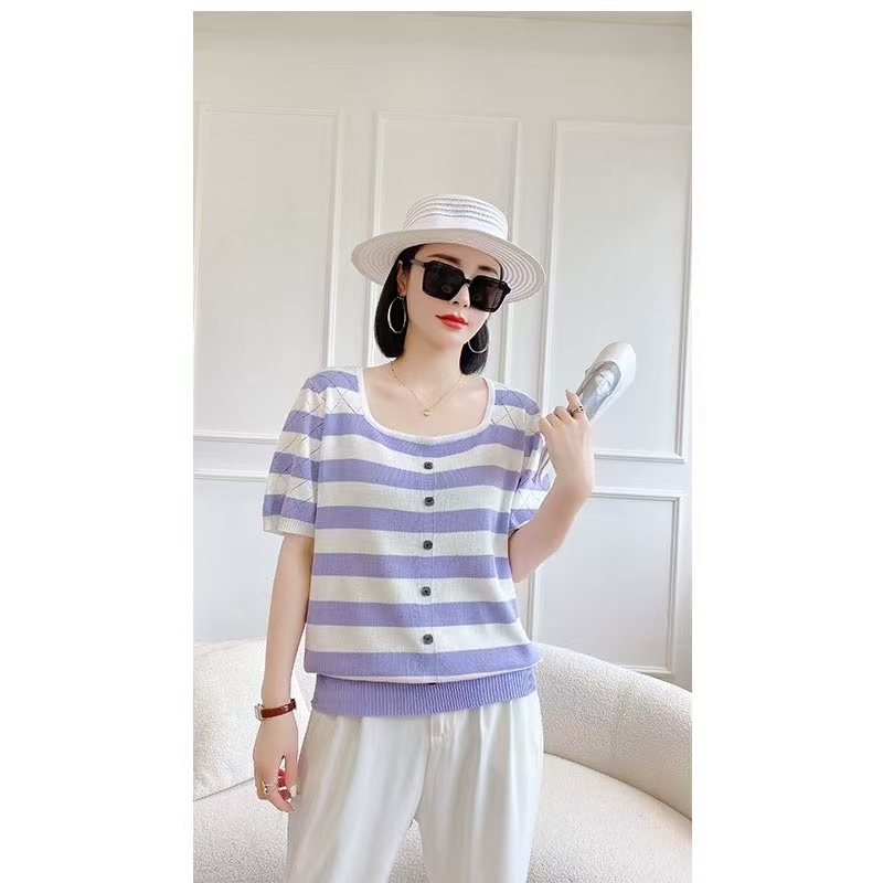 A701-800短袖夏季方领镂空不起球毛针织衫套头宽松显瘦海妖风