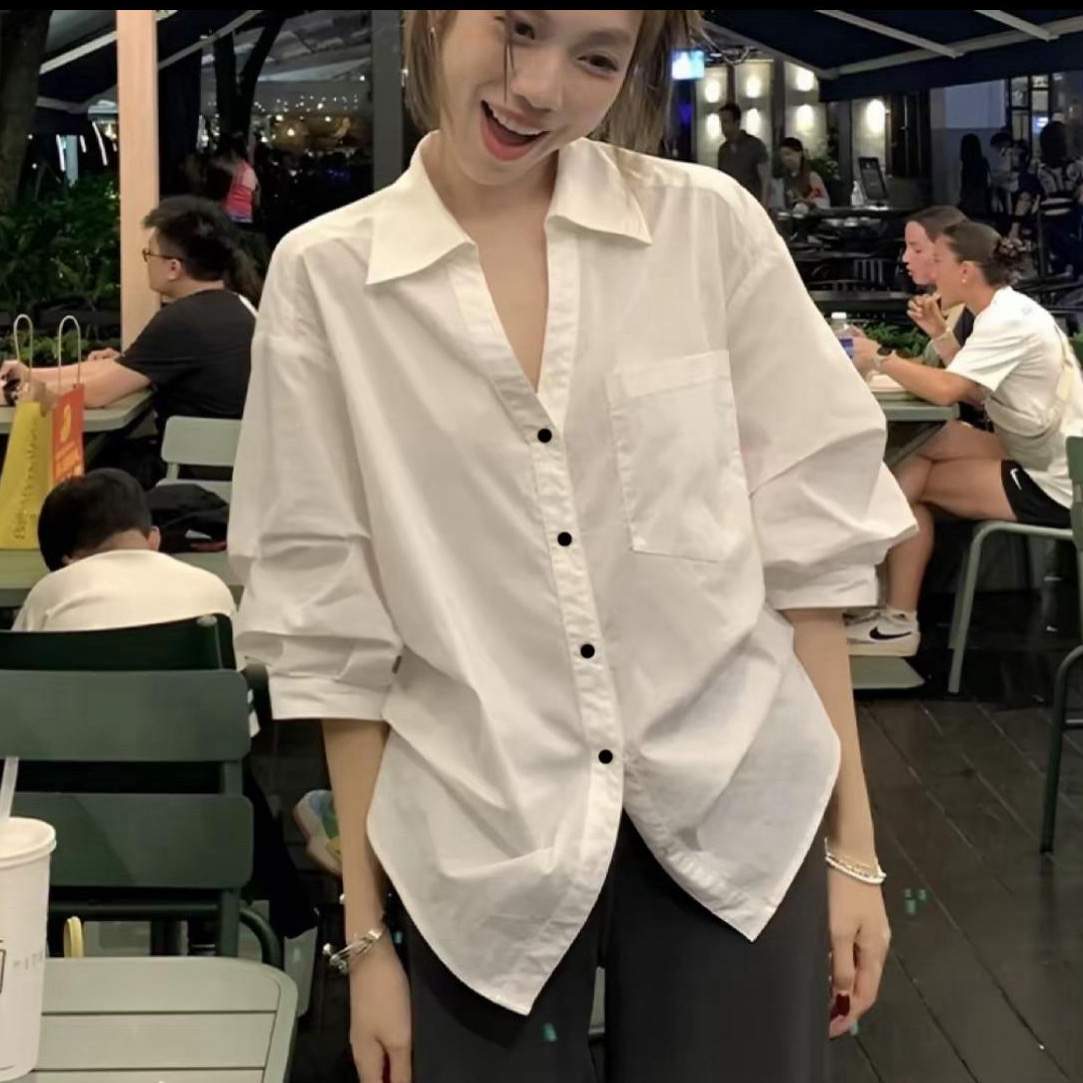 秋季新款休闲百搭白色翻领泡泡袖收腰气质衬衫女显瘦复古衬衣