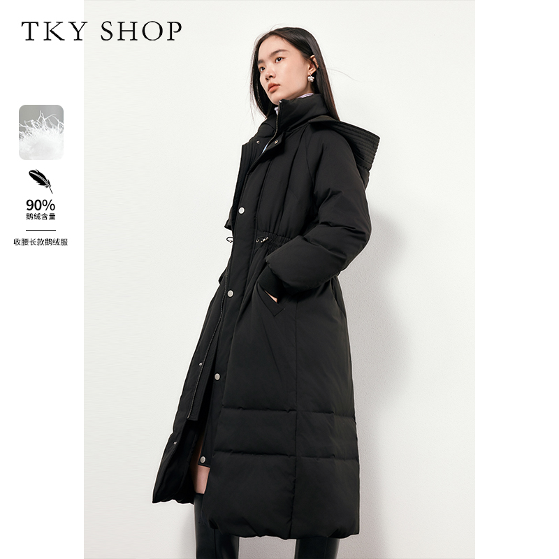 TKYSHOP收腰冬连帽黑色鹅绒服简约百搭时尚优雅气质 10G1HA08W087