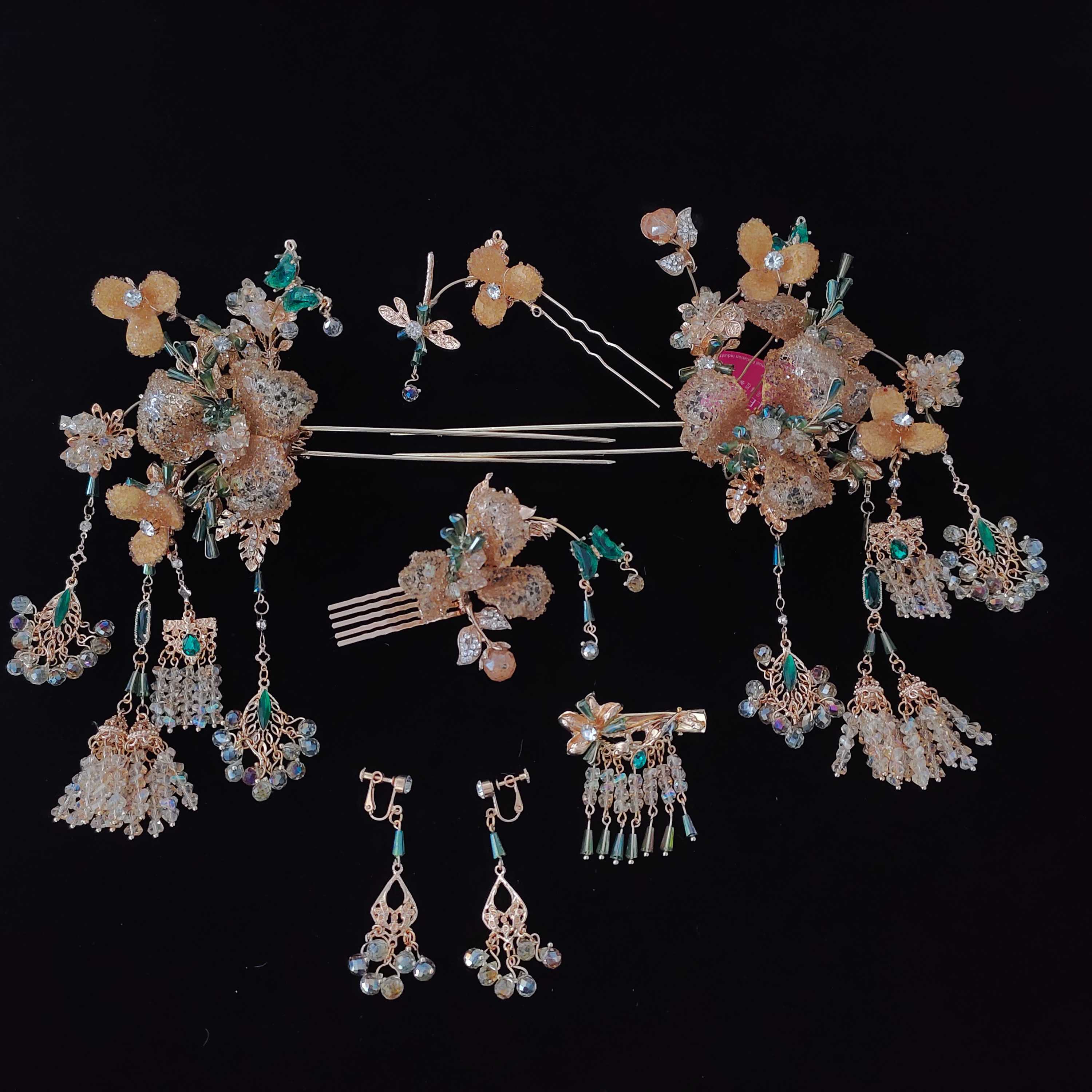 超仙金色水晶流苏发簪秀禾新娘发饰