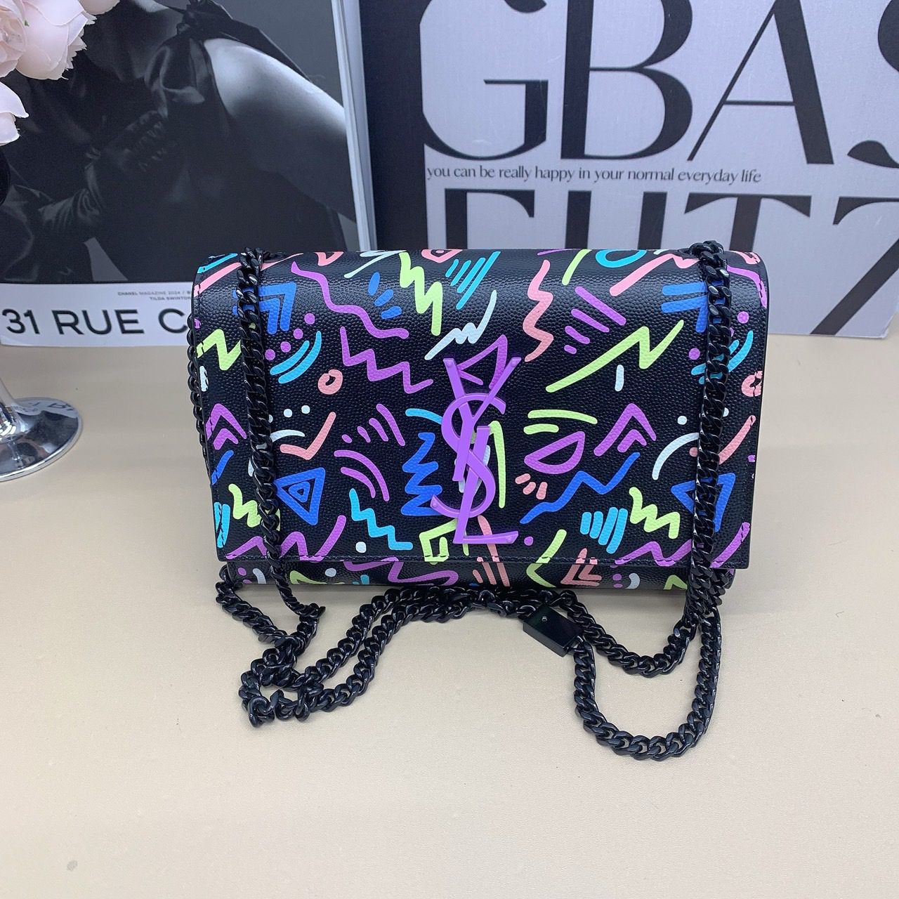 95新 YSL/圣罗兰 YSL圣罗兰KATE小号涂鸦荔枝纹黑链条20✖️14cm